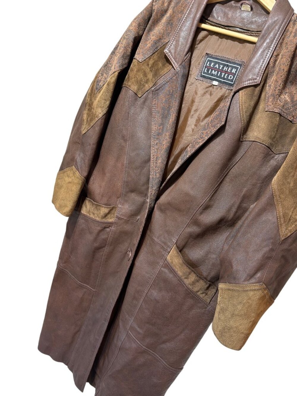 Leather Limited Western Style Long Brown Leather & Suede Coat Medium Size Vintag